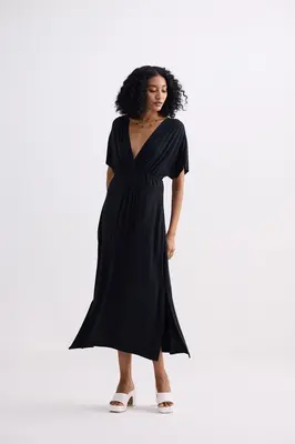 Flowy A-Line Maxi Dress with Side Slits in Black | Color: Black | Size: 2XL