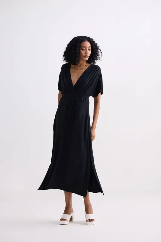 Flowy A-Line Maxi Dress with Side Slits in Black | Color: Black | Size: 2XL