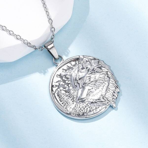 Flat Round with Wolf 304 Stainless Steel Pendant Necklaces