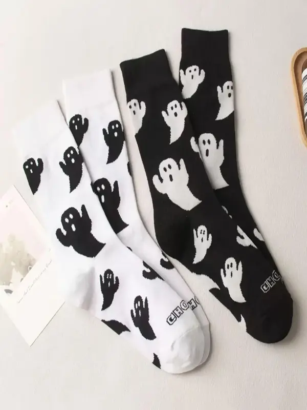 Women's Halloween Themed Streetwear Ghost Print Crew Socks, Fashion Casual Cozy Mid-Calf Long Socks, Women Socks for Fall , 2...