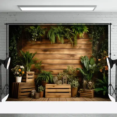 Brown Wooden Box Green Plants Photoshoot Backdrop - Aperturee