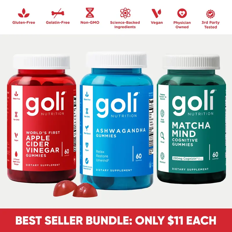 3 Bottles of Goli Best Seller Bundle: Ashwagandha KSM-66, Apple Cider Vinegar, Matcha Mind supplement with Cognizin, Vitamins...
