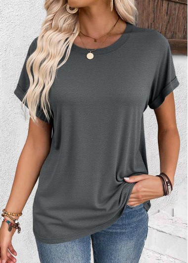 Modlily Dark Grey Short Sleeve Round Neck T Shirt - M