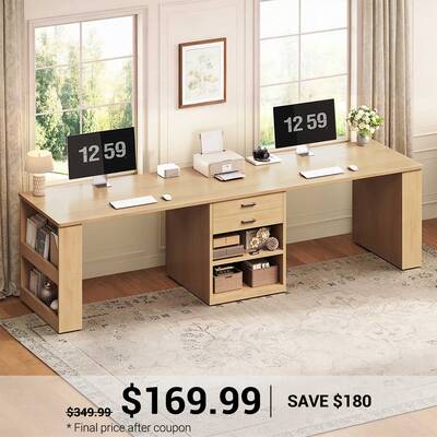 SEDETA 90.5 Inch Two Person Computer Desk Long Office Desk with Storage Drawers Two Person Writing Desk with Shelves for Home...