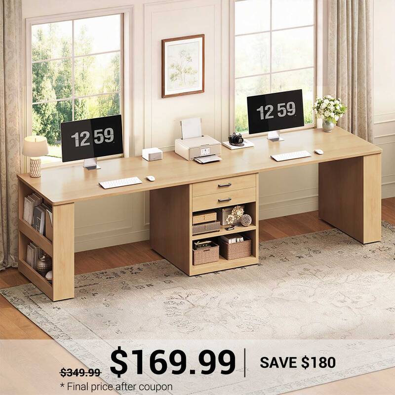SEDETA 90.5 Inch Two Person Computer Desk Long Office Desk with Storage Drawers Two Person Writing Desk with Shelves for Home...