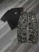 Two-piece Set Men's Star Print Short Sleeve Tee & Camo Print Pants, Regular Fit Casual Round Neck Shortsleeve T-shirt & Trous...