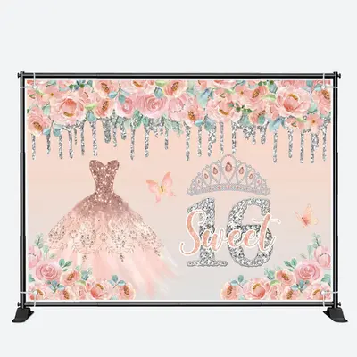 Pink Dress Glitter 16th Sweet Birthday Backdrop - Aperturee