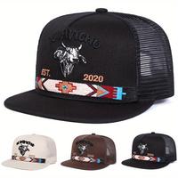 Unisex Letter Bull Head Embroidered Hip Hop Hat Mesh Hat Outdoor Sport Adjustable Sunscreen Leisure Hat Spring Autumn Travel ...