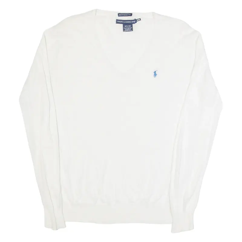 RALPH LAUREN SPORT Womens Jumper White V-Neck Tight Knit Linen M