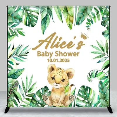 Little Lion Green Leaves Custom Baby Shower Backdrop - Aperturee