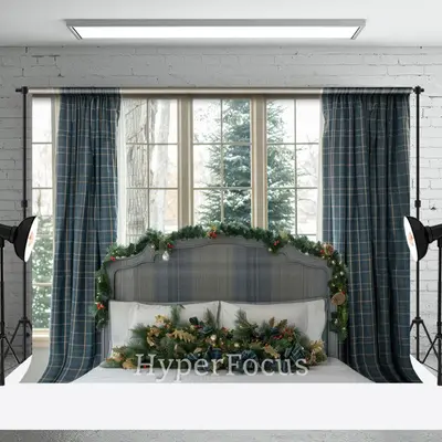 Plaid Curtain Window Christmas Headboard Backdrop - Aperturee