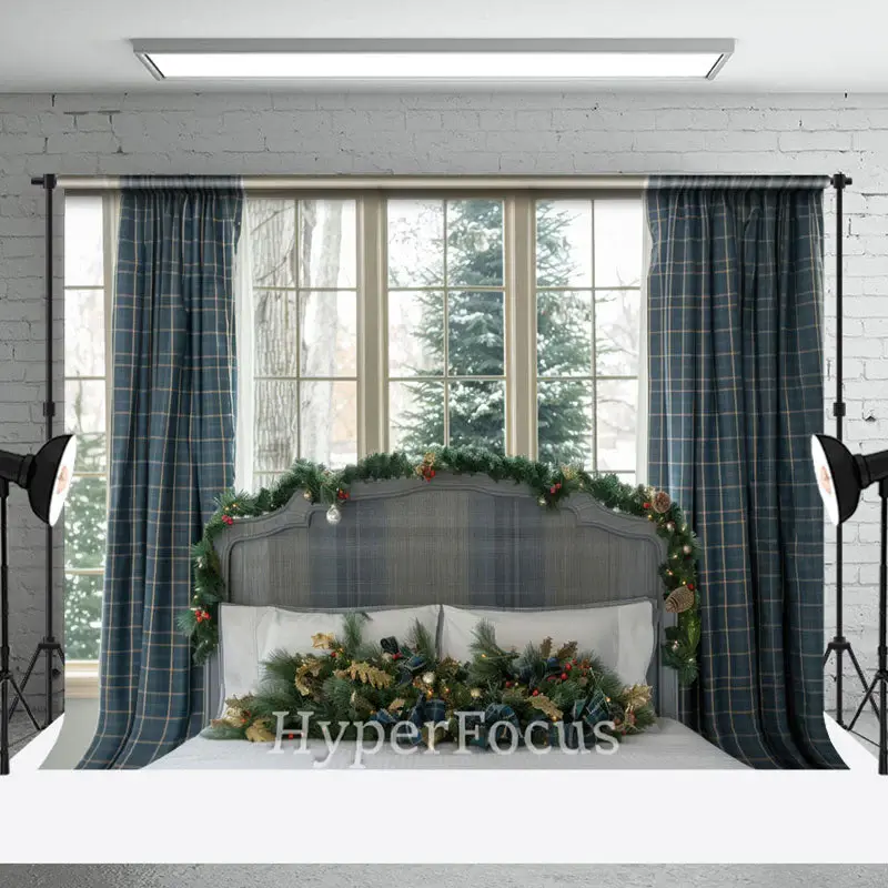 Plaid Curtain Window Christmas Headboard Backdrop - Aperturee