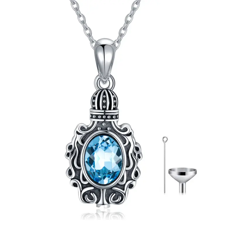 Sterling Silver Oval Shaped Crystal Castle Urn Necklace for Ashes