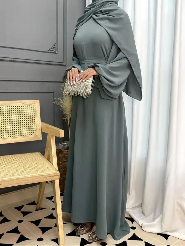 Women's Solid Color Batwing Sleeve Abaya Dress , Modest Casual Round Neck Long Sleeve Dress for Daily Wear, Ladies Clothes fo...