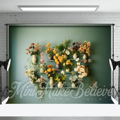 Floral Flowerpot Shelf Green Wall Spring Backdrop - Aperturee