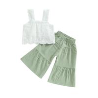 2PCS Baby Girl Sleeveless Strap Lace Crop Vest Tops + Flared Wide-Leg Pants Toddler Summer Outfits Set Clothes