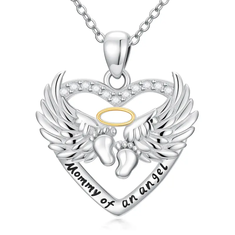 Sterling Silver Two-tone Angel Wing & Footprints Pendant Necklace with Engraved Word