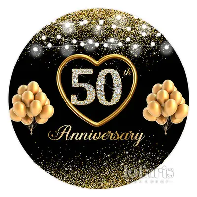 Aperturee Black Gold Balloon Happy 50Th Anniversary Backdrop | Round Party Backdrop | Round Backdrop For Birthday Party | Cir...