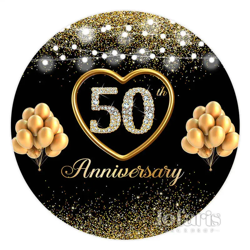 Aperturee Black Gold Balloon Happy 50Th Anniversary Backdrop | Round Party Backdrop | Round Backdrop For Birthday Party | Cir...