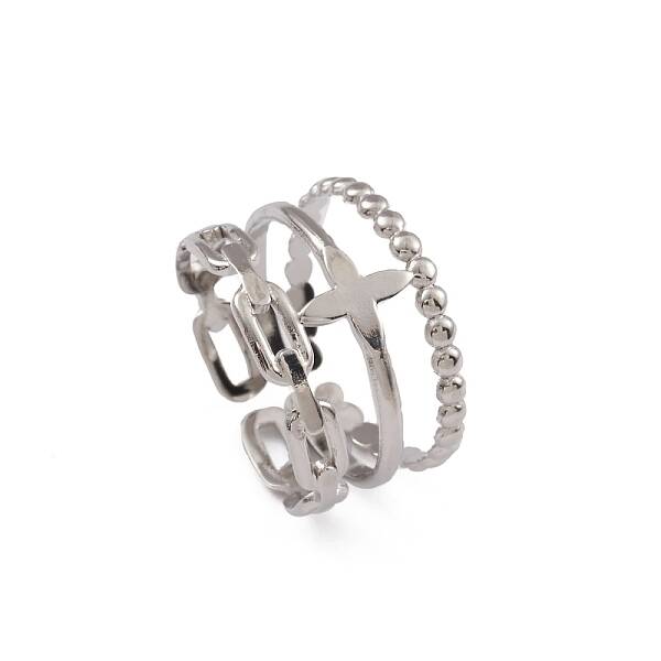Non-Tarnish 304 Stainless Steel Tripel Line with Cross Open Cuff Rings for Women