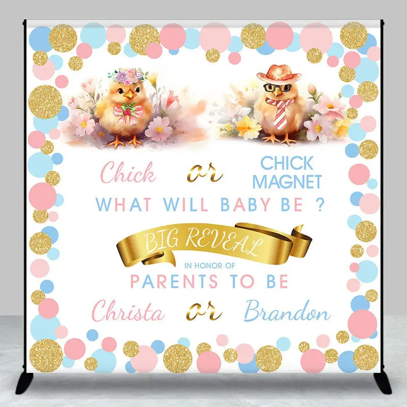 Chicken Blue Pink Gold Dots Custom Baby Shower Backdrop - Aperturee