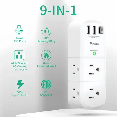 MIFASO Rotating 9-in-1 USB Wall Outlet with 6 AC Outlets, 3 USB Ports (1 USB-C), 1800J Surge Protector, Smart Charging, ETL C...