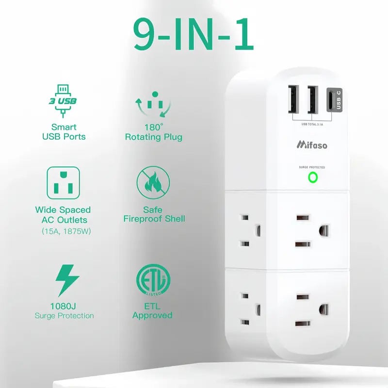 MIFASO Rotating 9-in-1 USB Wall Outlet with 6 AC Outlets, 3 USB Ports (1 USB-C), 1800J Surge Protector, Smart Charging, ETL C...