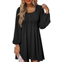 Dokotoo Womens 2025 Casual Dress Smocked Crewneck Button Up Long Sleeve Empire Waist A-Line Mini Dress