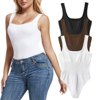 Walkfairy Women's 3 Piece Ribbed Bodysuit Sleeveless Square Neck Tops Stretchy Shaping Sexy Outfits