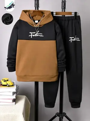 Two-Piece Set Boy's Colorblock Letter Print Hoodie & Pocket Sweatpants Set, Casual Long Sleeve Hooded Sweatshirt & Jogger Pan...