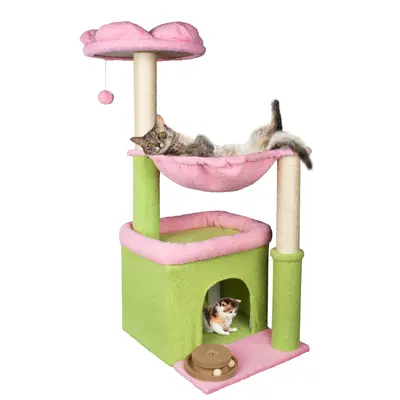 Flower Cat Tree, 39.4 Inches Large Cat Tower with Hammock and Cat Condo, Tall Cat Tree with Toys for Large Indoor Cats - Pink