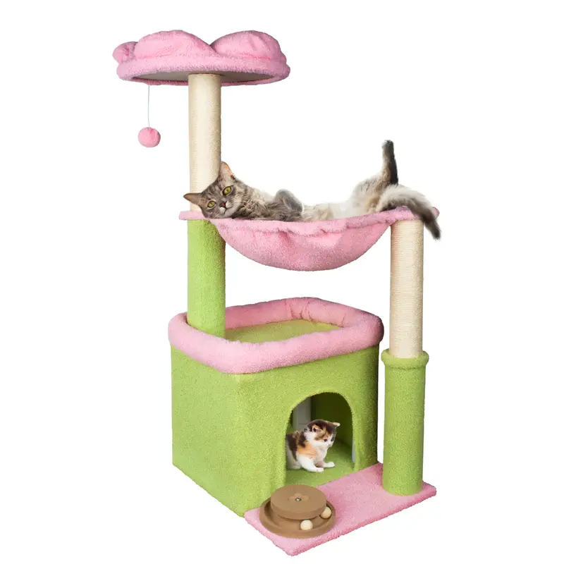 Flower Cat Tree, 39.4 Inches Large Cat Tower with Hammock and Cat Condo, Tall Cat Tree with Toys for Large Indoor Cats - Pink