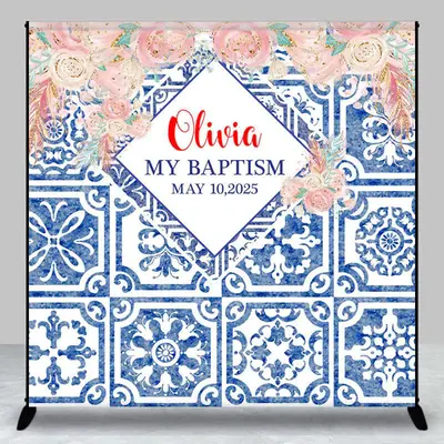 Custom Blue Floral Baptism Party Backdrop for Girl - Aperturee
