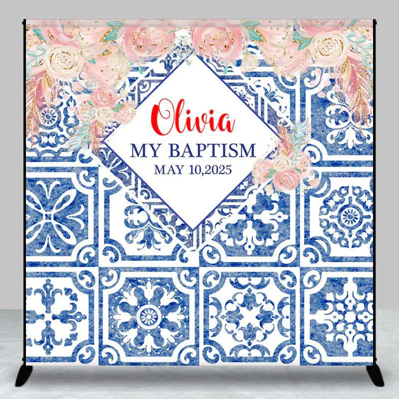 Custom Blue Floral Baptism Party Backdrop for Girl - Aperturee