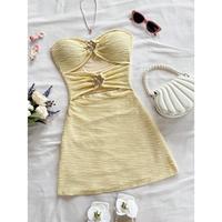 Vacation Hollow-Out Patchwork Metal Button Textured Fabric Fitted Women Strapless Mini Dress, Suitable For Vacation, Musi,  p...