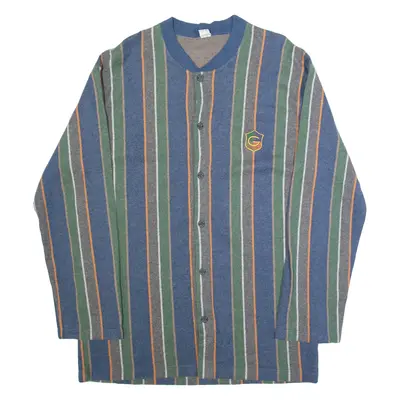 GHIRO Mens Patterned Cardigan Blue Striped Button Neck Tight Knit XL