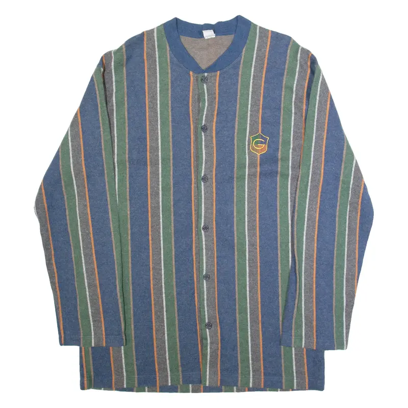GHIRO Mens Patterned Cardigan Blue Striped Button Neck Tight Knit XL