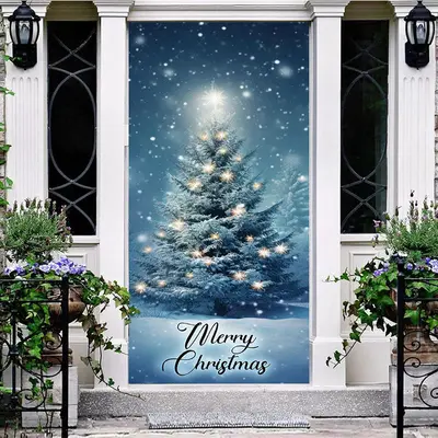 Blue Night Snow Star Light Christmas Tree Door Cover - Aperturee