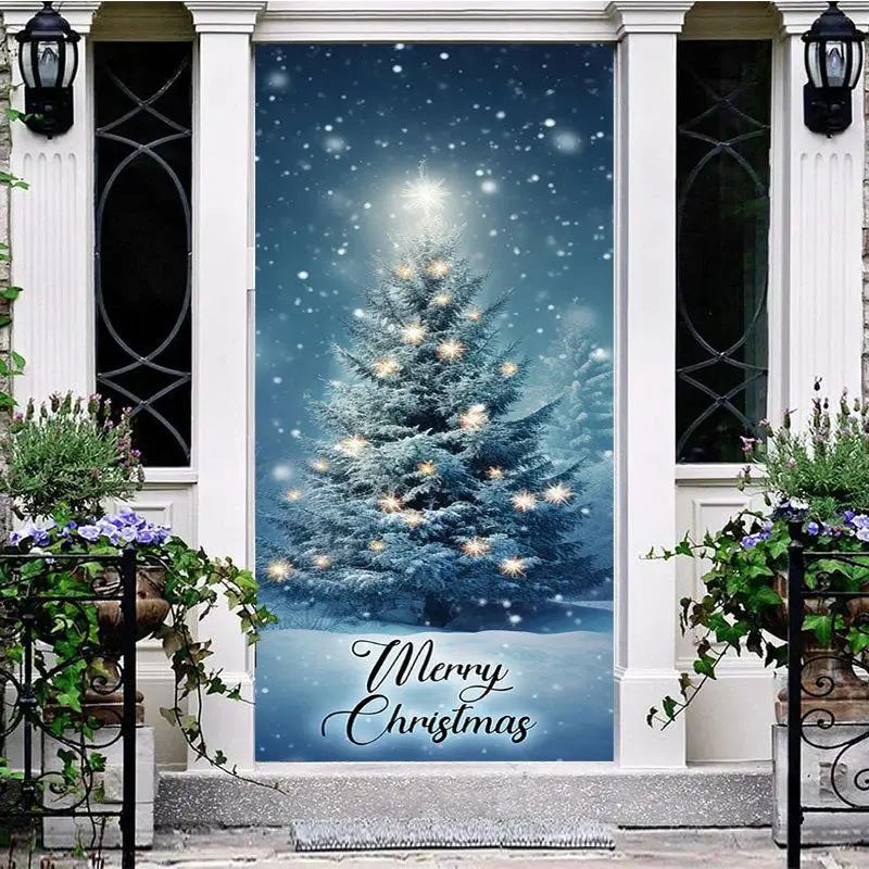 Blue Night Snow Star Light Christmas Tree Door Cover - Aperturee