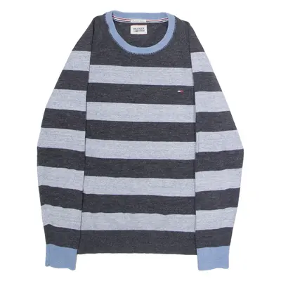 HILFIGER DENIM Mens Patterned Jumper Grey Striped Crew Neck Tight Knit M