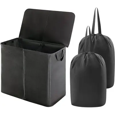 Double Laundry Hamper with Lid, 1 Set Including 1 Count Large Dirty Clothes Hamper & 2 Counts Removable Laundry Bag, Collapsi...