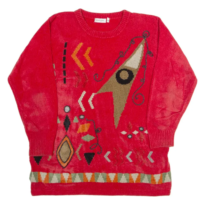 SPENGLER Womens Patterned Jumper Red Crazy Pattern Tight Knit S