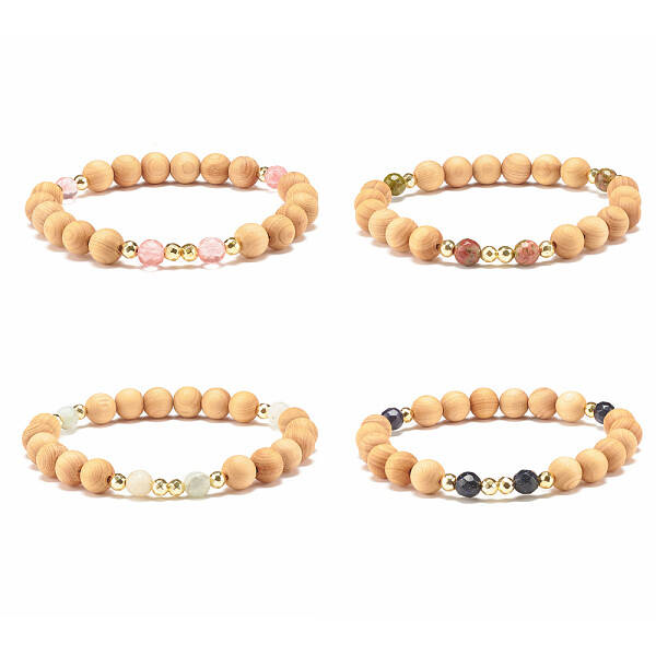 Natural Wood & Gemstone Beaded Stretch Bracelet