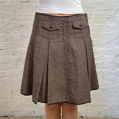 Kookai Midi Pleated Skirt - 31W UK 12 Brown Wool Blend