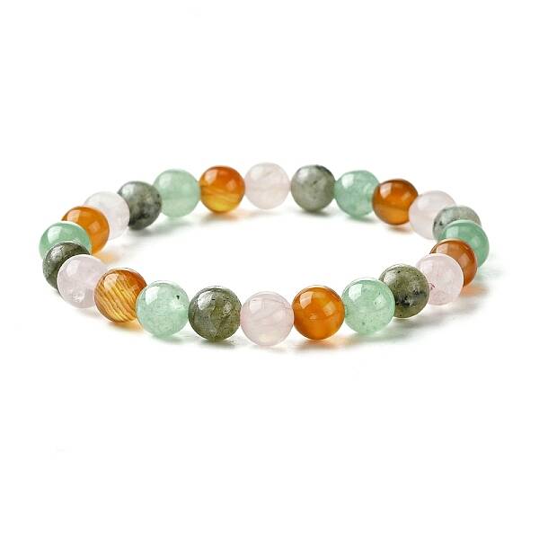 Natural Carnelian & Rose Quartz & Green Aventurine & Labradorite Round Beaded Stretch Bracelets