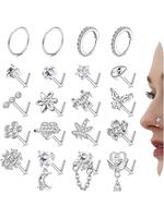 L Shaped Nose Ring, Stainless Steel Nose Studs Ring, Dangle CZ Butterfly Flower Nose Studs Hoops Piercings Jewelry Gift for W...