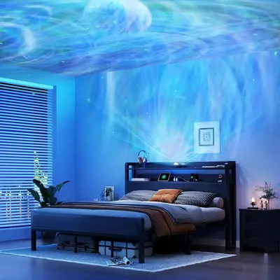 AMERLIFE Bed Frame with Galaxy Star Projector, Modern Platform Bed with Charging Station Storage Headboard, Heavy Duty Metal ...