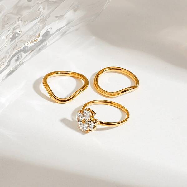 3Pcs 304 Stainless Steel Micro Pave Cubic Zirconia Ring Sets