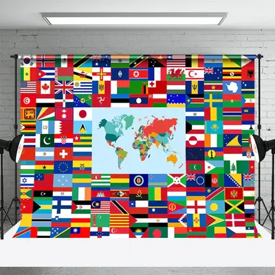 Colorful Country Flag World Map Plaid Party Backdrop - Aperturee