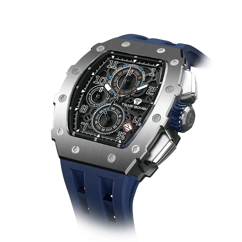 TSAR BOMBA Men's Affordable Luxury Quartz Watch | Silver Blue | Tonneau Case | Seiko Quartz Movement | 5ATM Waterproof Silico...